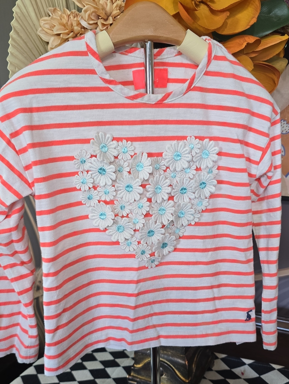 Joules White & Coral Striped Long-Sleeve Top with Daisy Heart